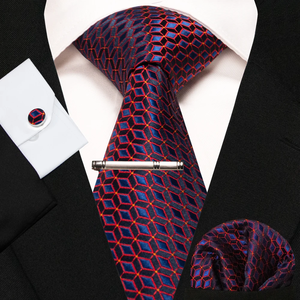 KAMBERFT Neue Klassische Seidenkrawatte für Herren Rot-Gold Gestreift Herrenkrawatte Taschentuch Manschettenknöpfe Set Hochzeit Business Party Gravatas – Detail 24