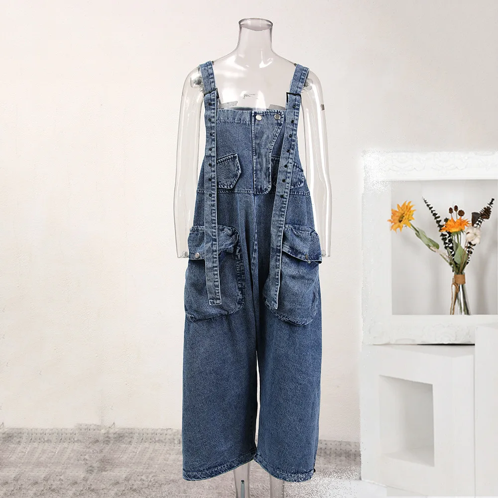 

SuperAen Spring 2024 Oversized Stereo Pocket Denim Harness Pant Women's Loose Casual Jumpsuit