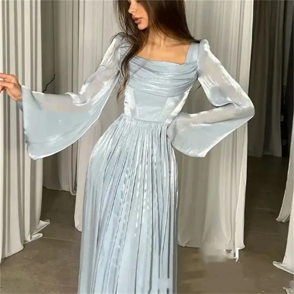 Elegant A-Line Sky Blue Square Collar Evening Dresses Pleated Long Sleeves Saudi Arabric Prom Dresses Party Gowns For Women