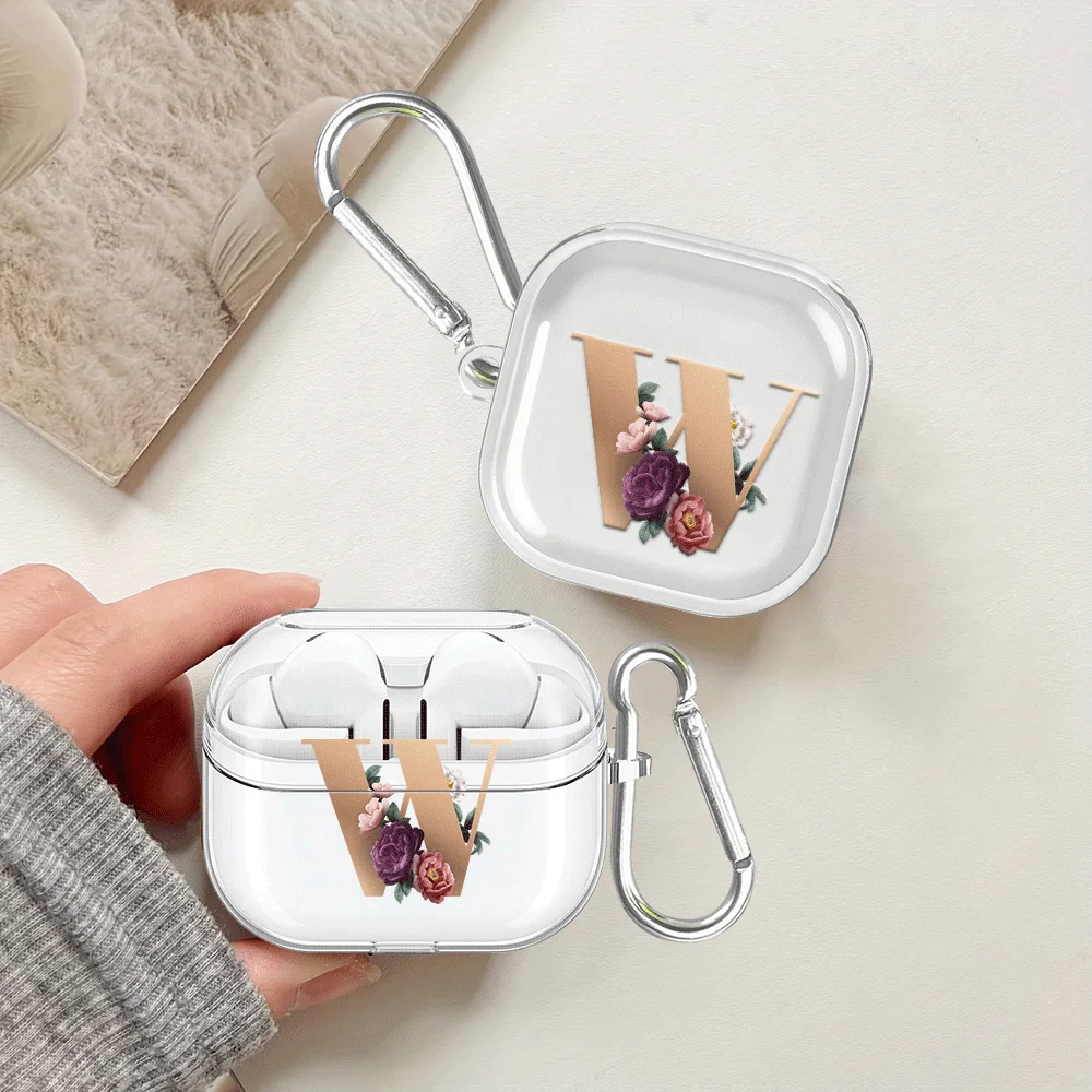 Capas Transparentes para Fones de Ouvido com Gancho para Samsung Galaxy Buds 4 Pro Live 3 Pro 2 2 Pro 3 FE 4 Pro com Design de Flor e Letra W X