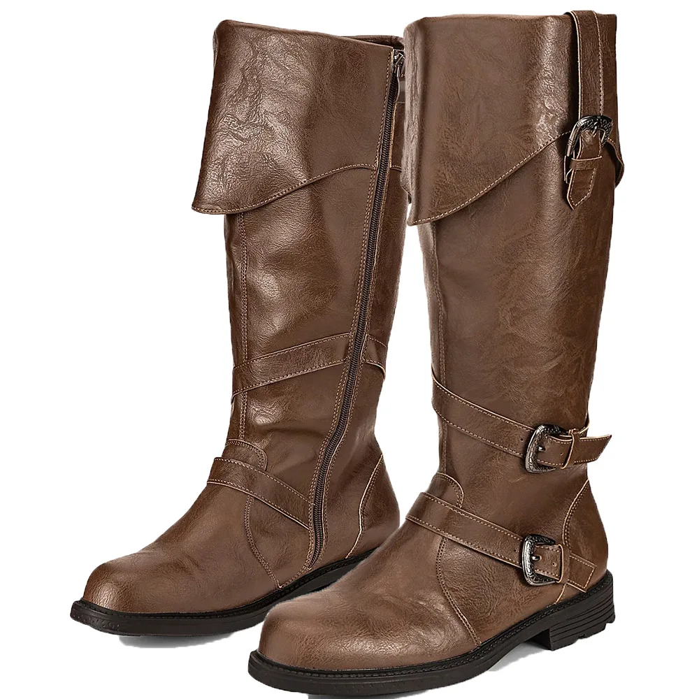 Herren Mittelalterliche Renaissance Piratenstiefel im Gothic-Stil, Schwarz-Braun, Halbhohe Stiefel für Halloween, Cosplay, Party, mit Schnallen, Niedrige Schuhe – Detail 4