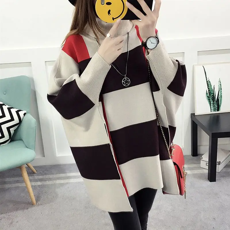 High Neck Cape Coat Women Autumn and Winter Mid length Korean Casual Sweater Pullover Bat Sleeve Knitwear Sweater Poncho Women