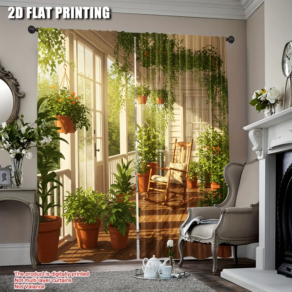 2pcs Balcony Garden Curtains Green Plant Rocking Chair Sunlight Print Drape Living Room Window Treatment Nature Relax Home Decor