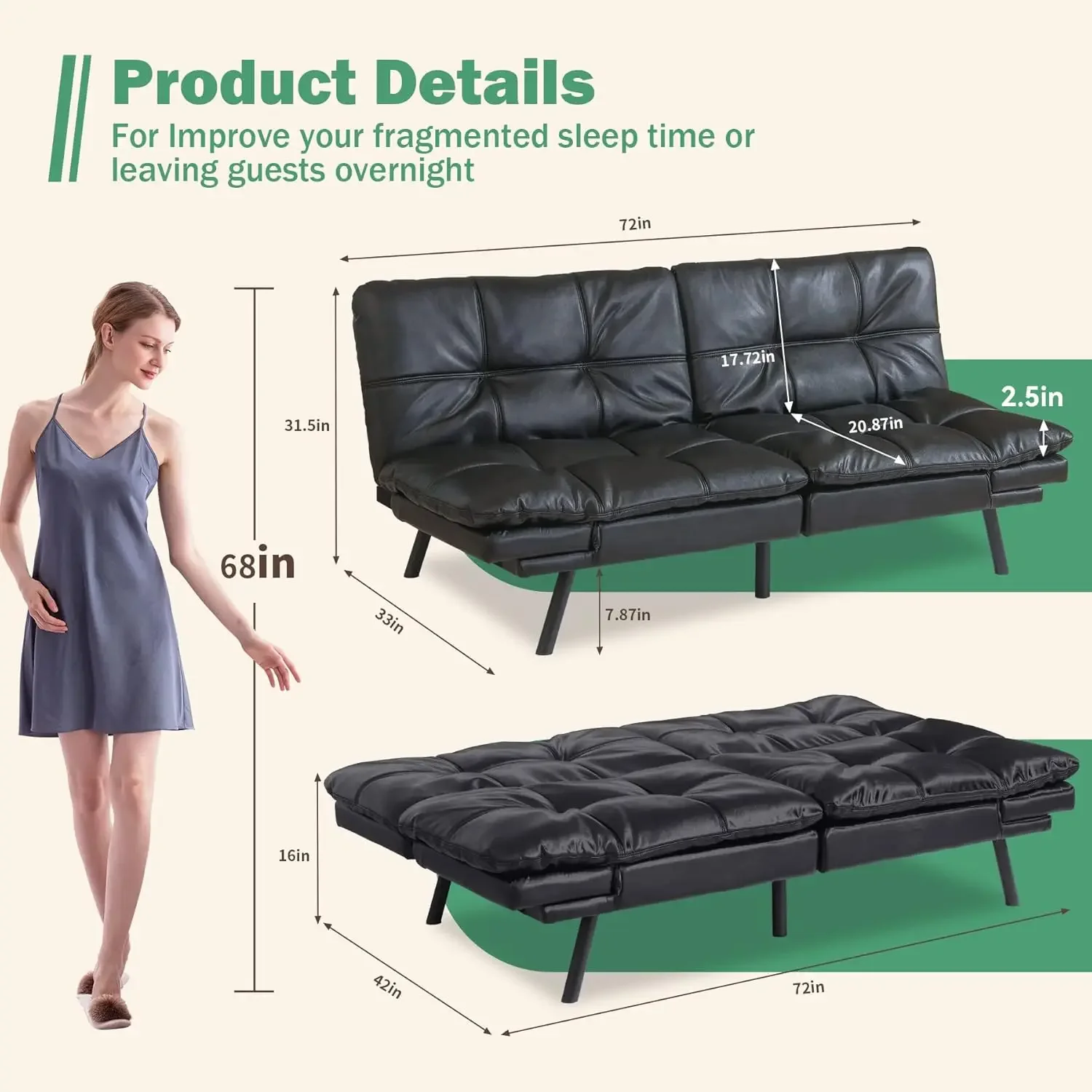 Futon Bed/Couch,Small Splitback Convert Backrests&Armrests,Easy to Clean Sofas, 71x33x31.5IN