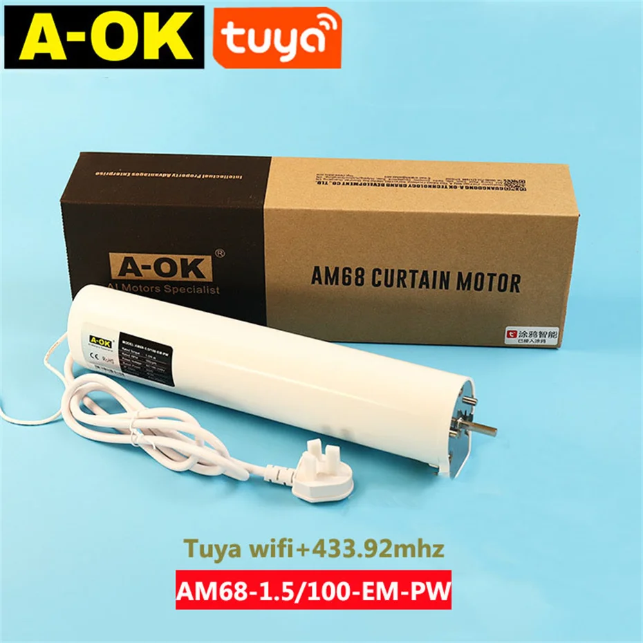 A-OK AM68 Tuya wifi Silent Curtain Motor,RF433 Control/Tuya app/485/Dry Contact Control,100-240V,Voice Control  Alexa/Google