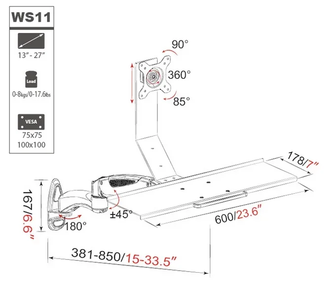 Gas Spring Arm Wall Mount Aluminum Sit-Stand 15"-27" LCD Monitor Holder+Keyboard Holder Full Motion Stand Bracket Adjustable