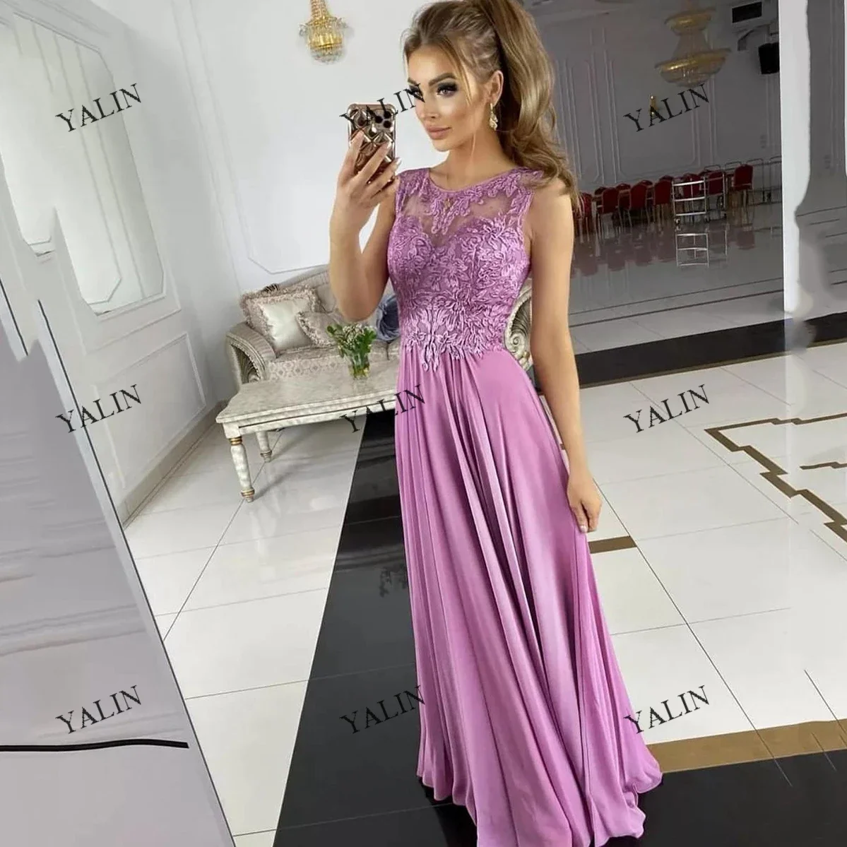 YALIN 2022 New Design Lace Reunion Classmates Dresses Chiffon Scoop Neck Applique Evening Gown A-Line Wedding Bridesmaid Dress