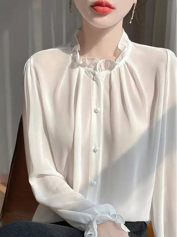 

White Flounce Collar Spring New Sle Dra Sensation irt Lace Trim Stand Collar Top Chiffon Blouse Women's Faion