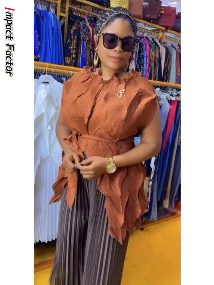 

2025 Summer New Miyake Pleated Splicing Large Loose Set Solid Color One-word Collar Top + Wide-leg Pants Two-piece Set