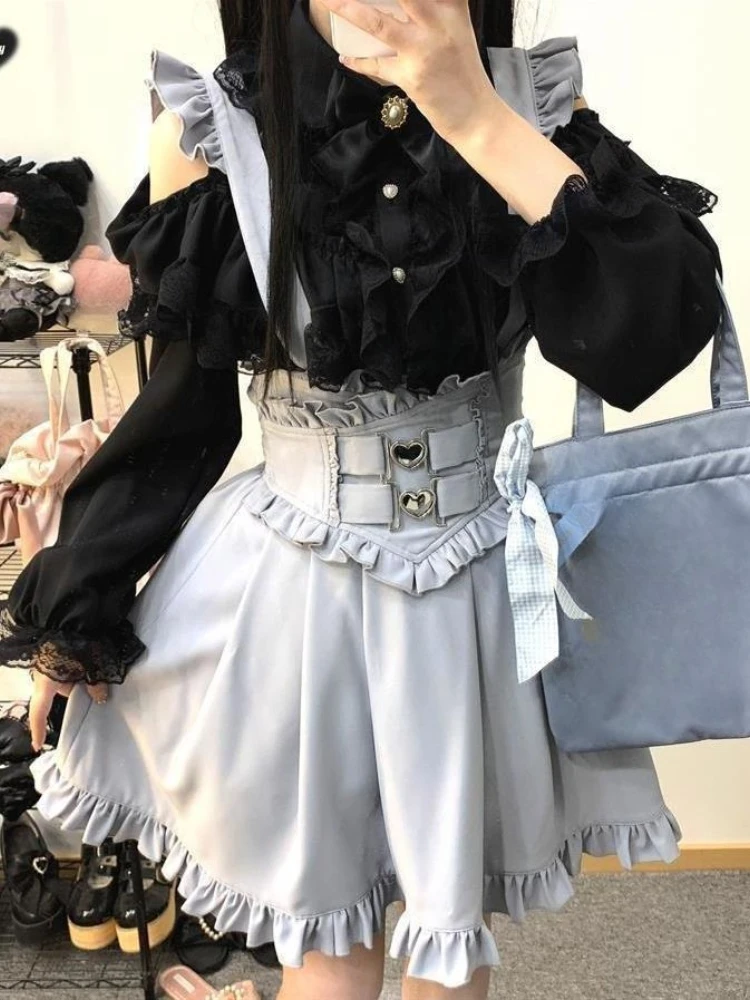 

Lolita Style Long Sleeve Shirt Dress Elegant Party Dress Suits Japanese Y2 Aesthetics Vintage Bow Dress Shorts Set Women Gothic