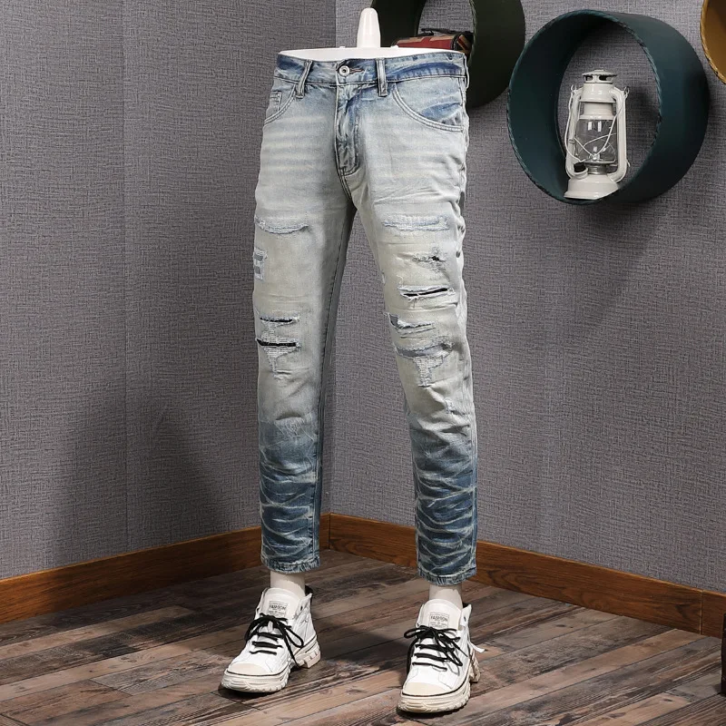 

Ripped patch jeans for men, slim fit with small feet, trendy retro and nostalgic street fashion, handsome denim, cropped pants