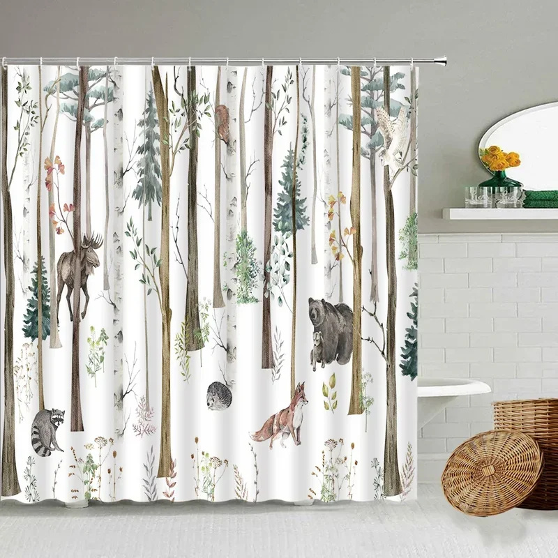 Forest Animals Shower Curtains Farm Bird Reindeer Fox Squirrel Elk Bear Wildlife Plants Painting Home Decor Bathroom Curtain Set