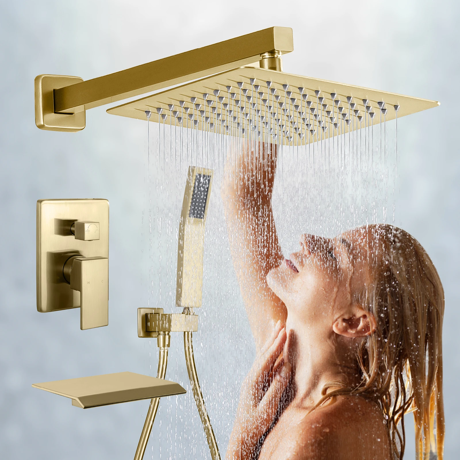 Shower System with Tub Spout Wall Mount Shower Faucet Set for Bathroom with Shower Head and Handheld Shower Head Brushed Gold