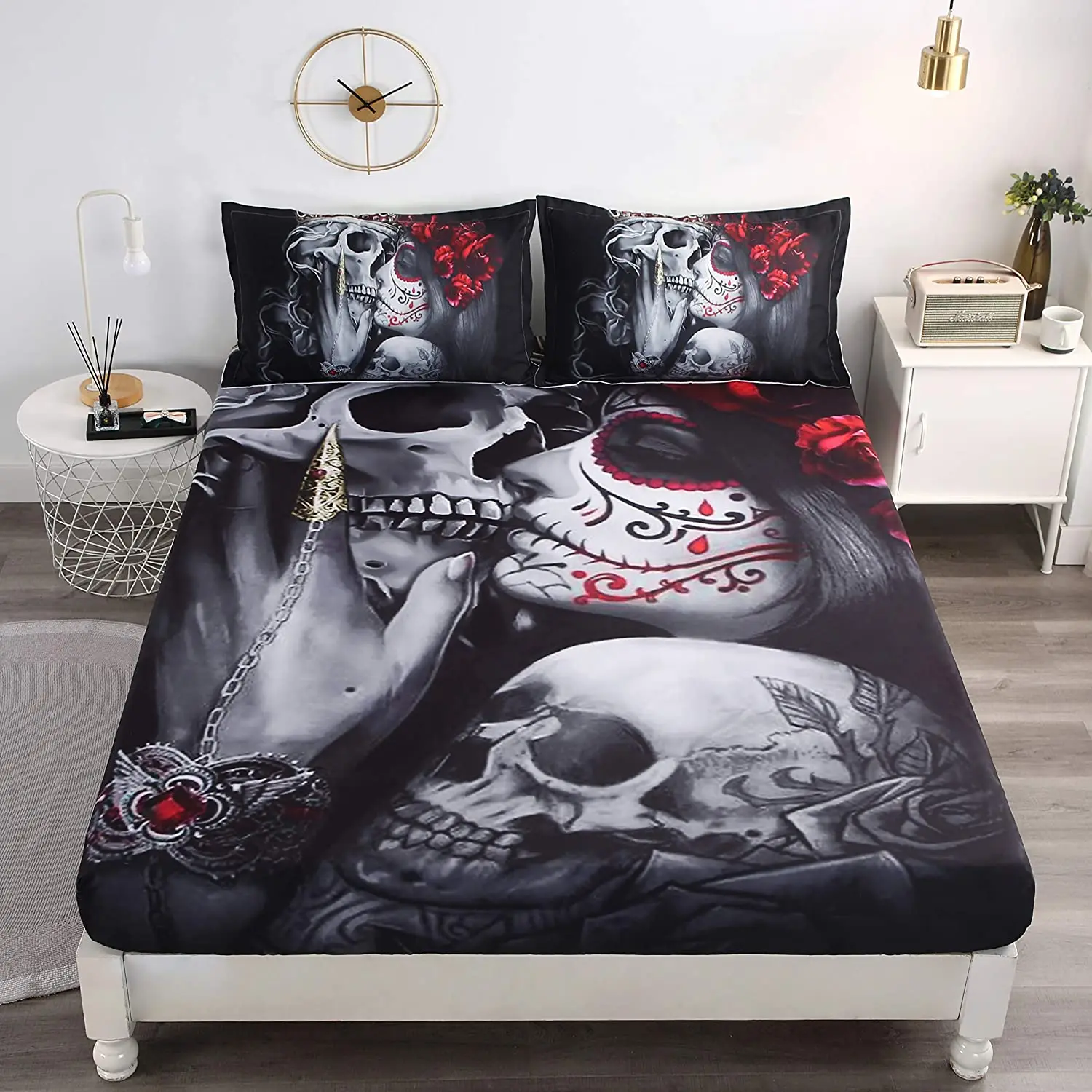 3D Dead Sugar Skull Girl Kissing Skull Home Bed Fitted Sheet Set Soft Microfiber Breathable Bedding All-Round Elastic Pocket