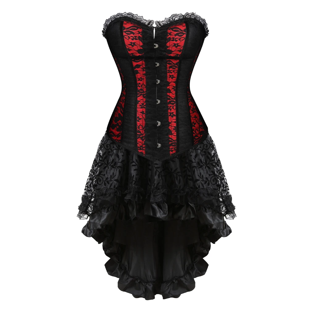 

Gothic Corset Dress Women Sexy Vintage Corset with Steampunk Lace Floral Skirt Sets Victorian Corsets Clubwear Plus Size S-6XL