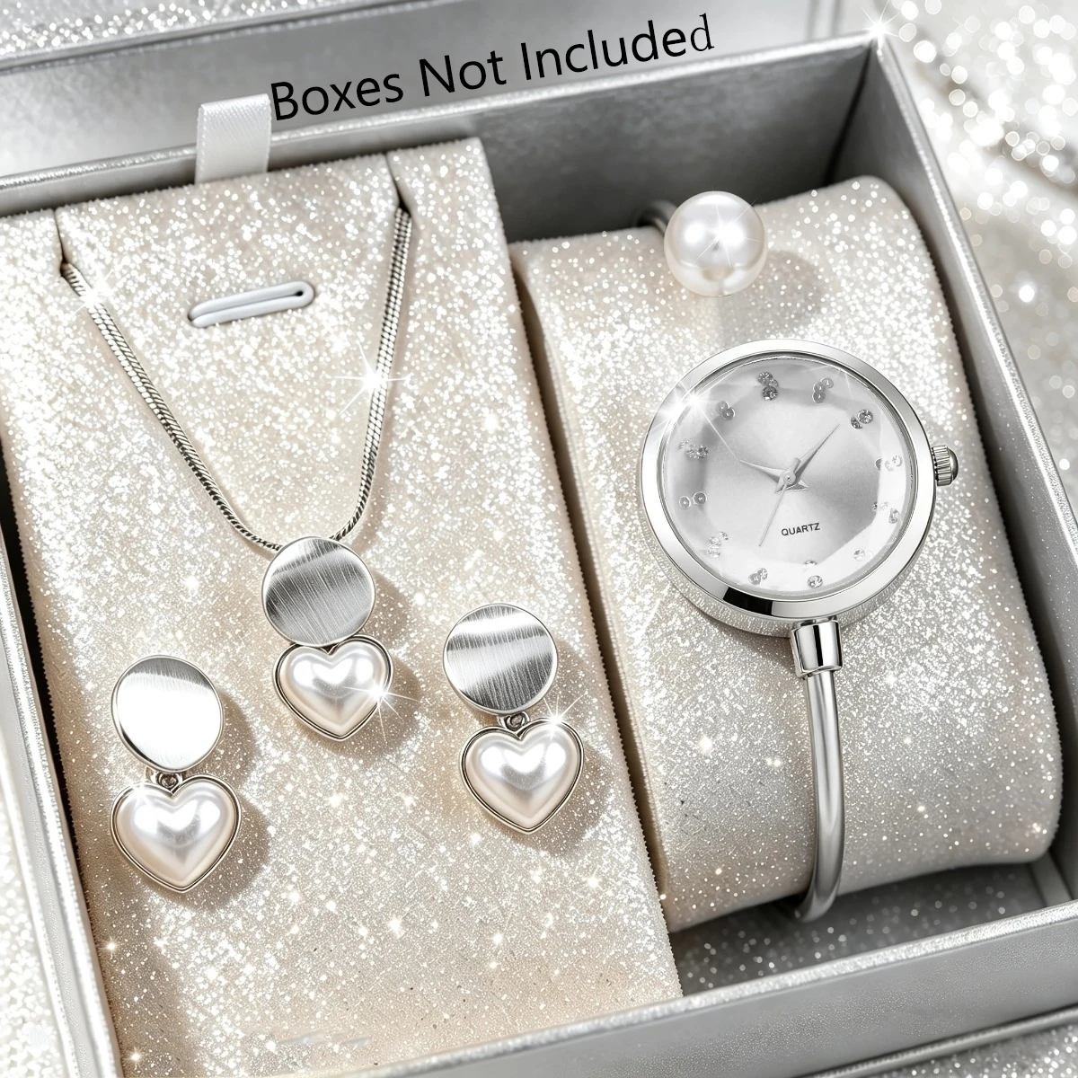 4pcs Elegant Pearls Women Watch Jewelry Set Fashion Opening-cuff Bangle Ladies Quartz Wristwatches Relogio Feminino（Without Box）