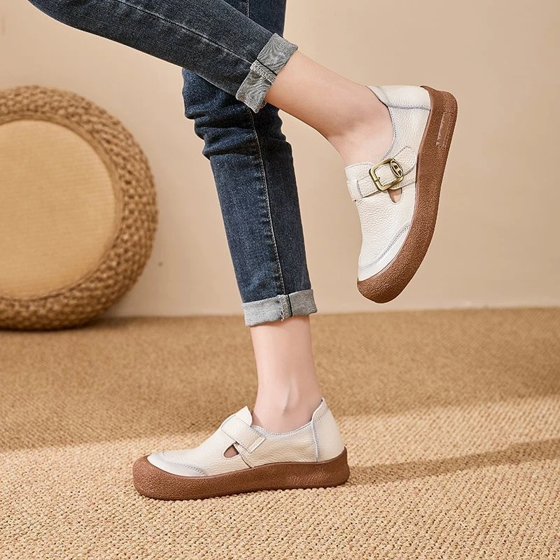 Original Natürliche Leder Schuhe für Frauen Vintage Komfort Runde Kappe Schnalle Wohnungen Frau Slip Auf Orthopädische Loafers Damen Mokassins – Detail 18