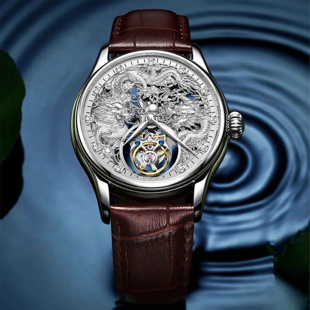 AESOP Flying Tourbillon Men's Wristwatch Mechanical Hand Wind Skeleton Fashion Watch Luxury Sapphire Mirror Zodiac Dragon Clock