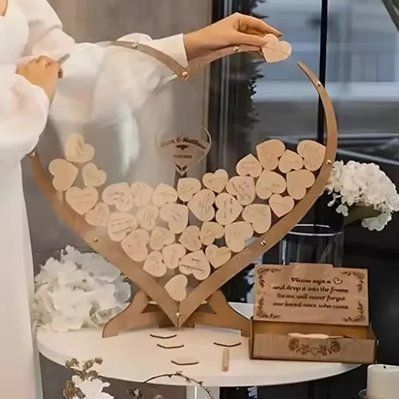 Heart Wedding Guest Book 3D Engraved Guest Drop Box Wooden Hearts Guestbook Welcome Card Signature Book Party Table Decoration