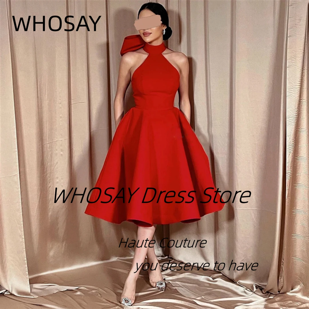 

WHOSAY Customized Short Prom Dresses with Bow Halter Neck Sleeveless Homecoming Party Girls Wear A Line Satin Evening Gowns