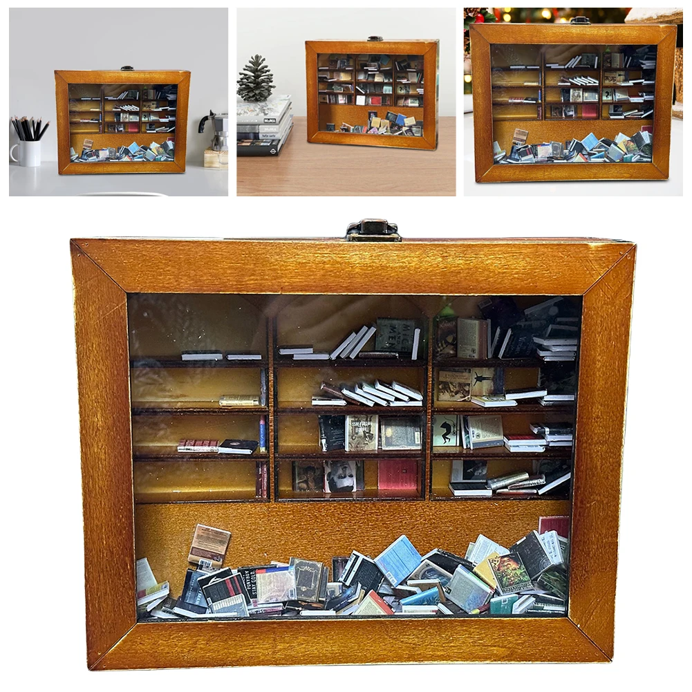 

Tiny Library Cabinet Ornament Shake Away Your Anxiety Anti Anxiety Wooden Bookshelf Display Case Stress Reliever for Book Lovers