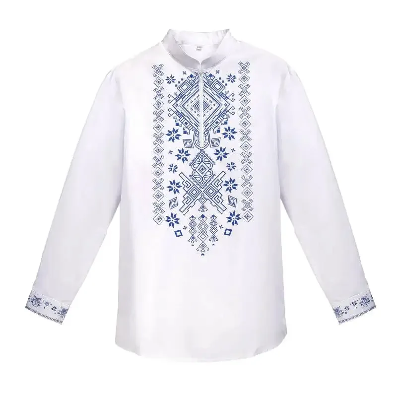DAZCOS Herren Dashiki Print Henley Shirt Slim Fit Weißes Langarm-T-Shirt mit halbem Reißverschluss für lässige Strandparty Hippie-Blumendruck
