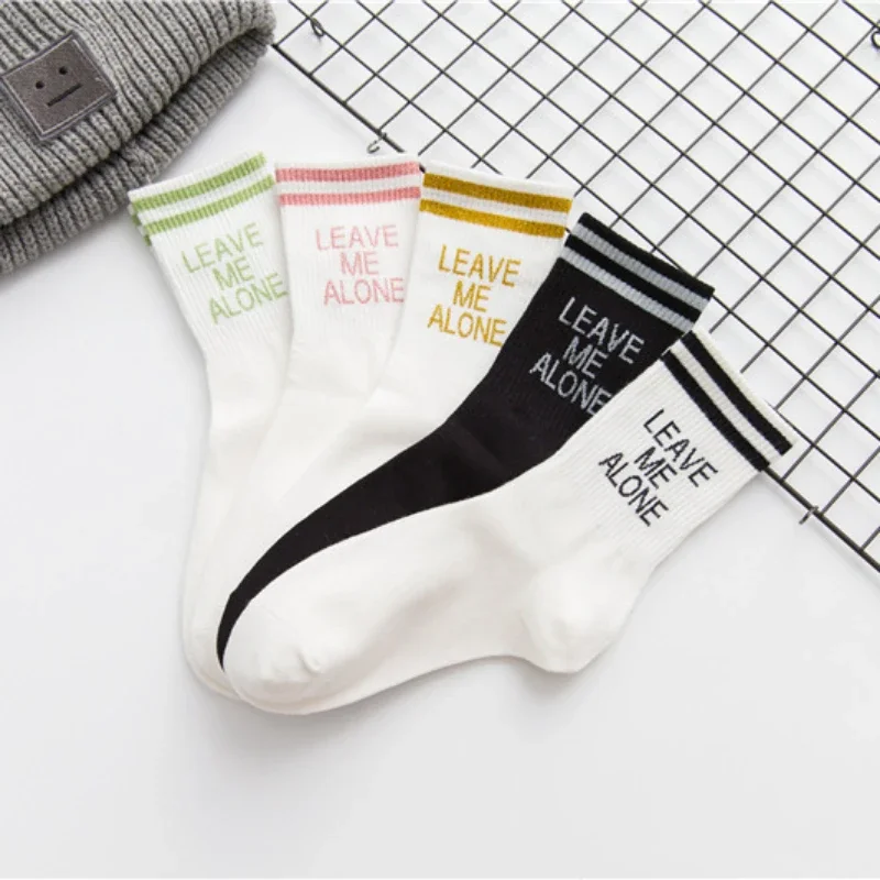 Women Mid Length Socks Written LEAVE ME ALONE Women Sports Cotton Socks with Two Stripes on The Collar and Letters on The Planet