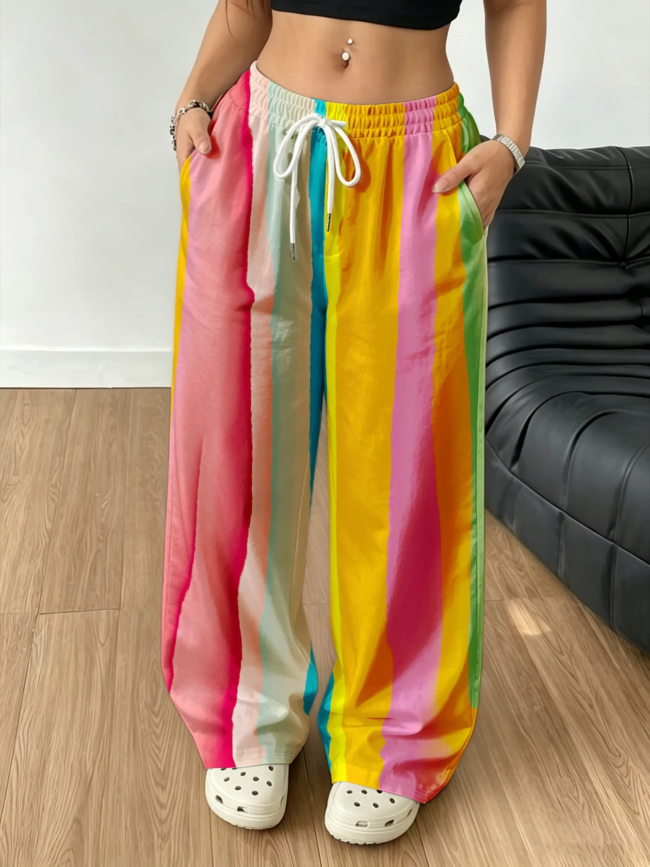 Rainbow Vertical Stripe 3D Print Quick Dry Straight Pants Unisex, Bright Multicolor Striped Elastic Waist Street Long Trousers