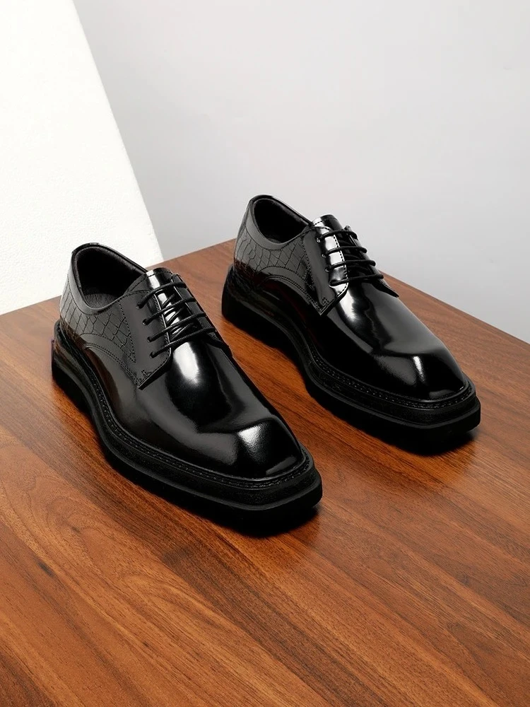 

Spring and Autumn New Business Formal High-end Men's Shoes, Leather Glossy Thick-soled Lace-up Fashion Leather Shoes for Men