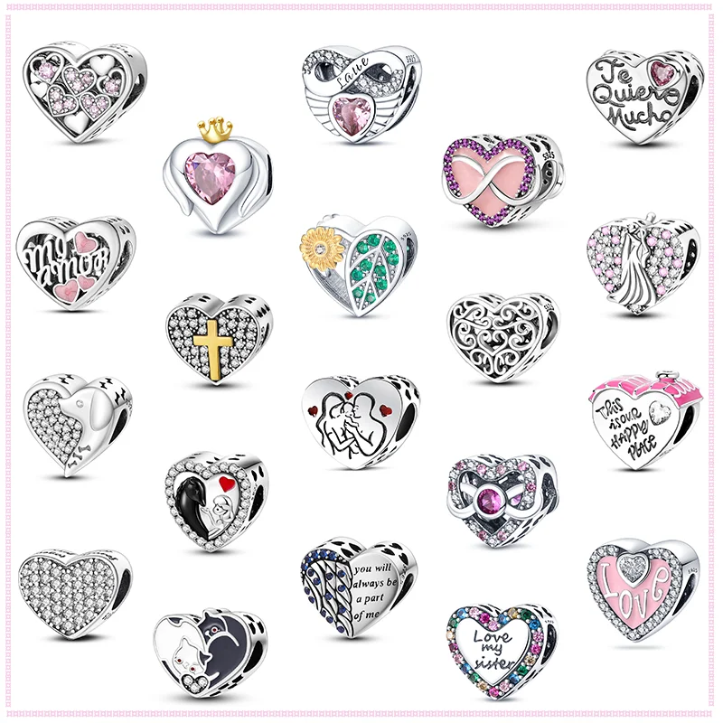 Classic Heart Collection Charm 925 Sterling Silver Romantic Beads adatto per Pandora Charm braccialetto originale regalo di gioielli fai da te