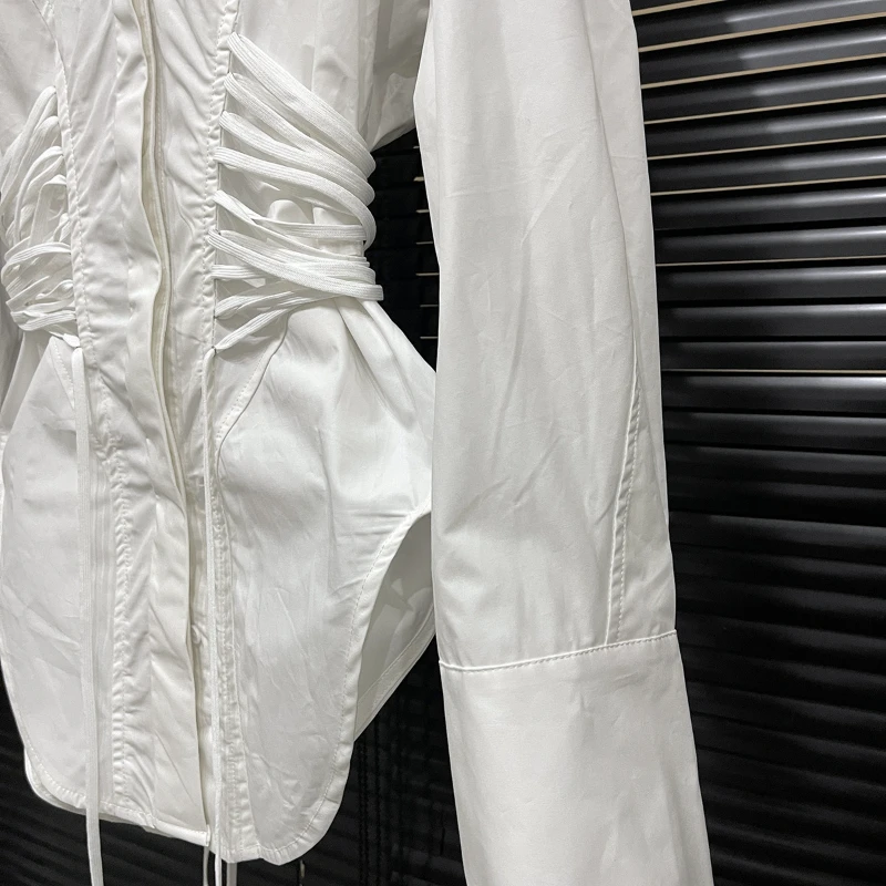 Fashion Waist Lace Up Temperament Elegant Shirt for Women Trend Design Long Sleeve Irregular Shirt Top Female 2025 Summer New