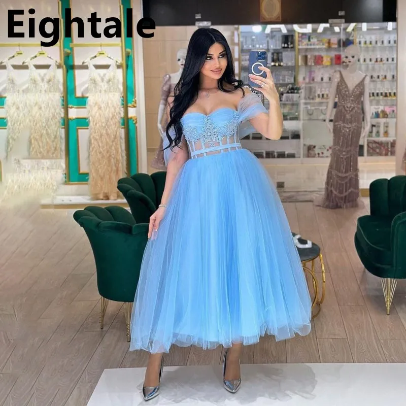 

Eightale Sky Blue Tea Length Tulle Prom Dress Off Shoulder Corset Homecomming Dress Abiye Formal Party Gown Robes De Soirée