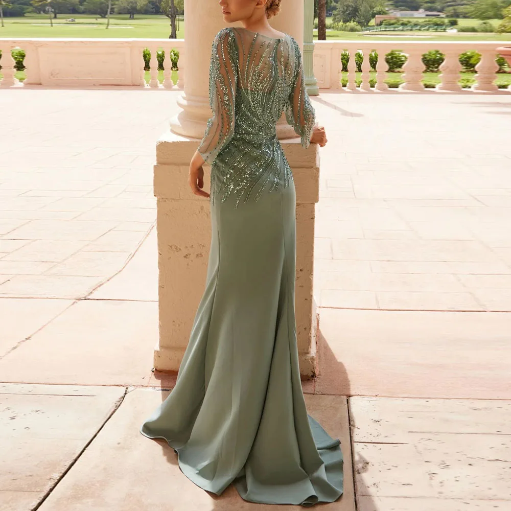 カスタマイズされたイリュージョンネックラインマーメイドイブニングドレスダスティグリーンビーズフォーマルドレス 3/4 スリーブ付き فستان سهرة نسا