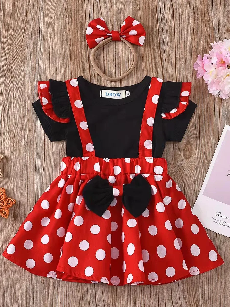 Minnie Mouse Girls Set Kids Clothes Flying Sleeve Short Sleeve Top Polka Dot Suspender Skirt Minnie Bow Headband skirt suit