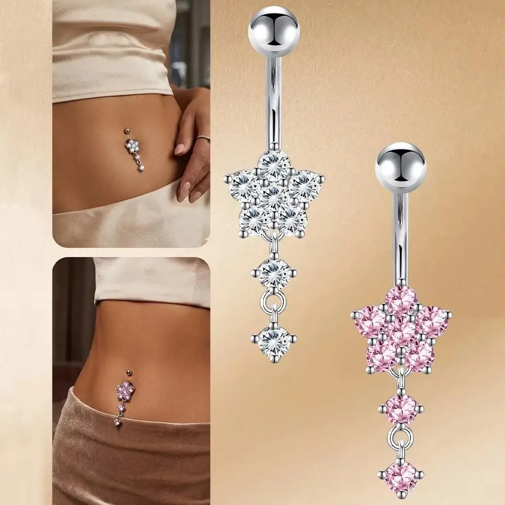 1 Piece Navel Ring Piercings 14G Flower Crystal CZs Dangle Belly Button Ring for Women Stainless Steel Sexy Curved Belly Jewelry