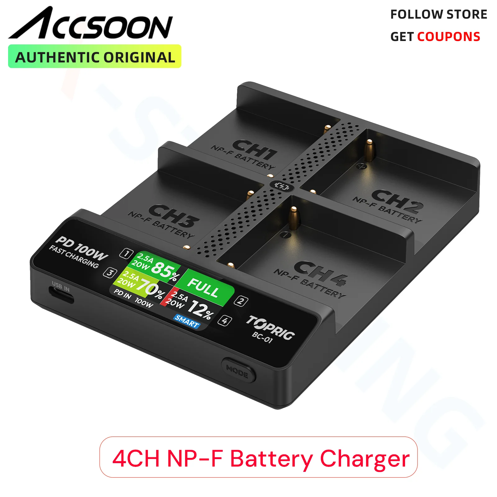

Toprig 4CH PD 100W Зарядное устройство для аккумуляторов NP-F серии для Sony с быстрым зарядом и индикатором оставшегося заряда