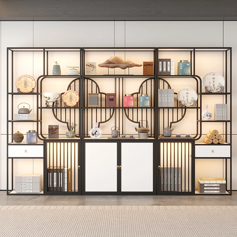 &Modern Simple Luxury Metal Duobao Pavilion Tea Cabinet Antique Style Bookshelf Rack for Tea Display Elegant Living Room