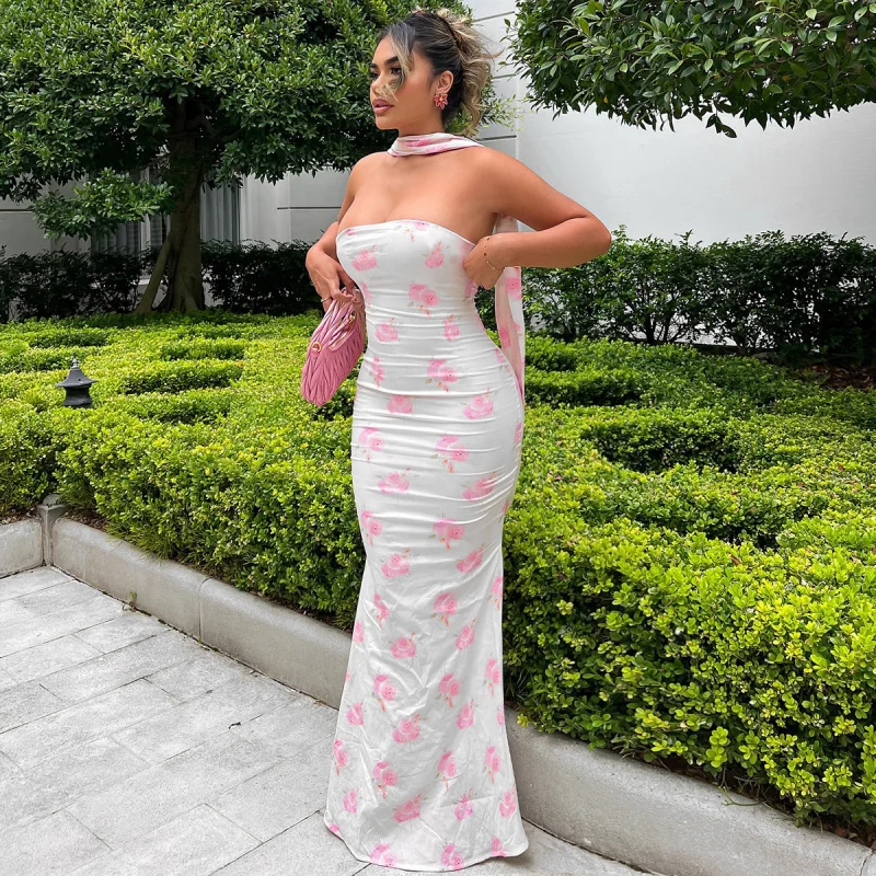 

Women'S Summer New Fashion Print Slim Fit Strapless Sexy Backless Dress