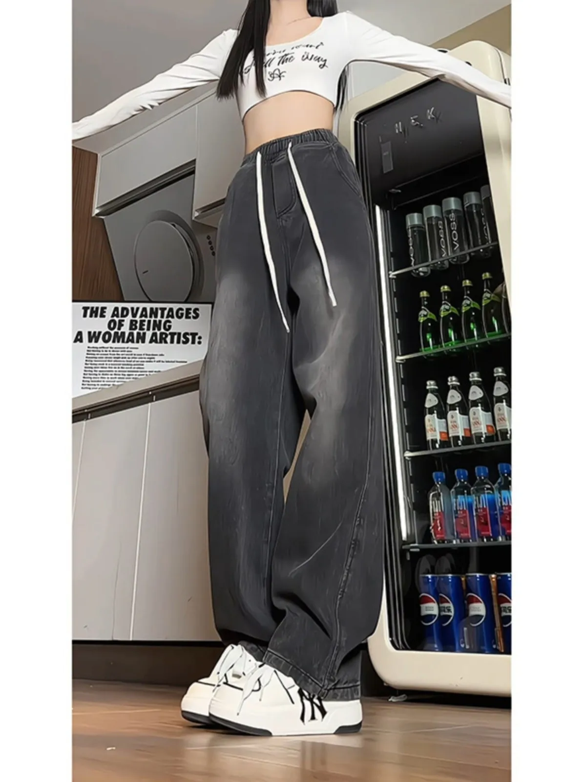 

Мужские джинсы в американском ретро-стиле, свободные, прямого кроя, с широкими штанинами, на шнурке, черные, повседневные, длинные брюки, весенне-осенний сезон