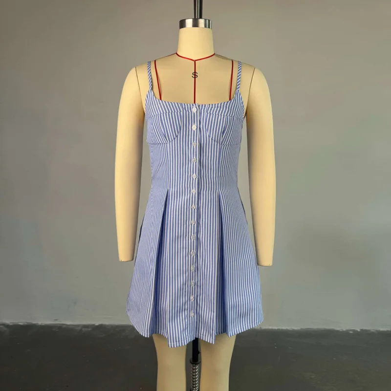 Slergiri Abito da donna con bottoni sul davanti e bottoni a righe blu 2025 Estate New Chic senza maniche Abiti corti a trapezio a pieghe carini