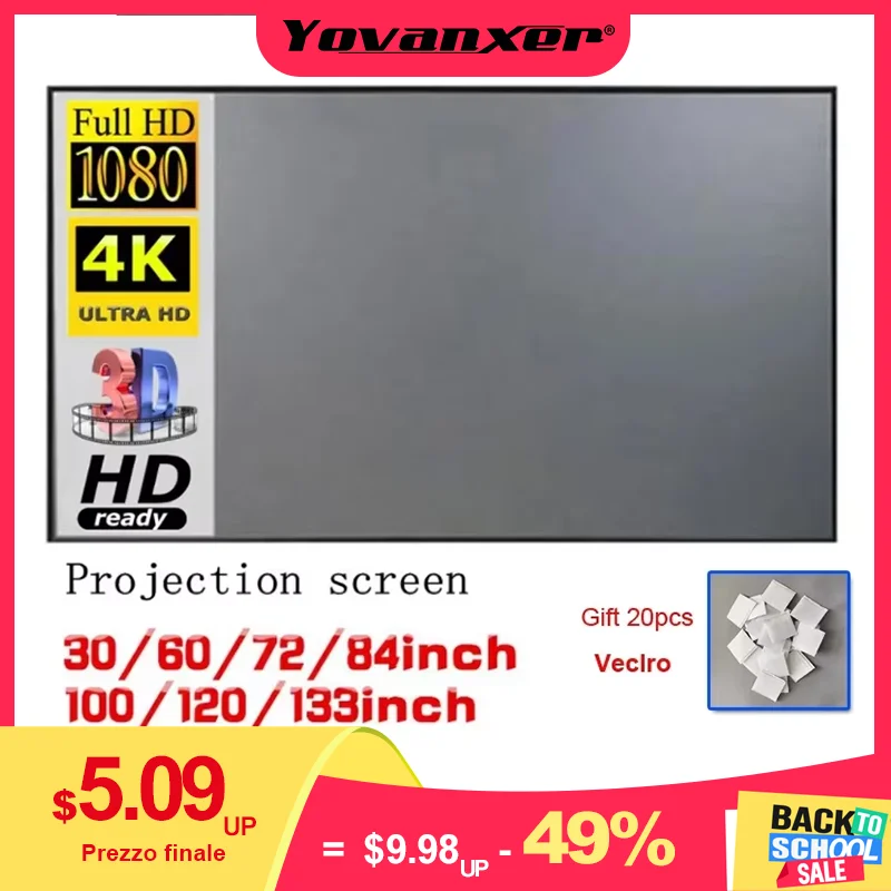 Écran de projection portable simple en tissu anti-reflet pour la maison, l'extérieur et le bureau – Rideau HD 3D 4K pour une luminosité accrue