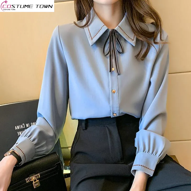 

2024 Spring/Summer Korean Edition New Chiffon Shirt Top Bow Tied Lapel Shirt Women's Versatile Long Sleeved Shirt