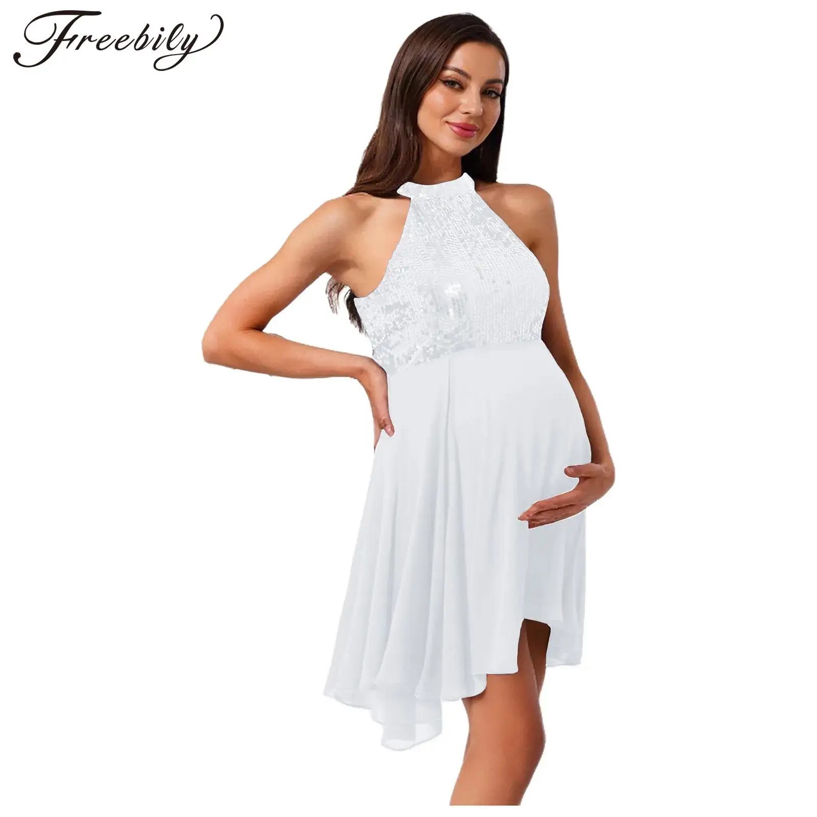 

Maternity Sparkly Sequins Party Dress Halter Sleeveless High Waist Chiffon Dresses Pregnant Women Wedding Banquet Prom Clothing