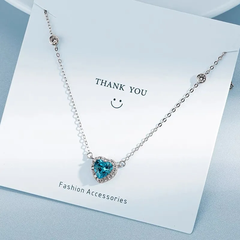 925 Sterling Silver Chain Unique and Stunning Women's Blue Love Heart Zircon Pendant Neck with Trendy Design Jewelry