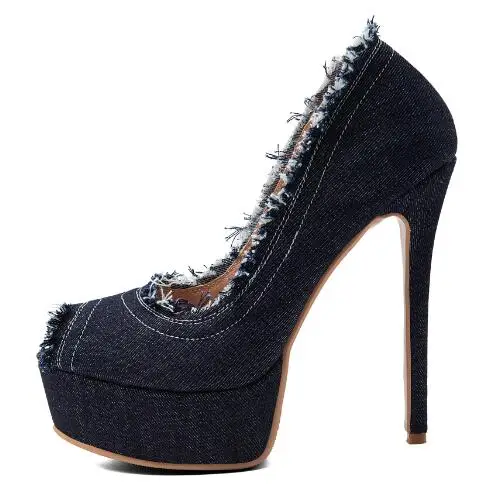 Dark Blue Denim Peep Toe Platform Pumps Women Frayed Raw Edge 15 CM Stiletto High Heels Ladies Evening Party Dress Shoes Female