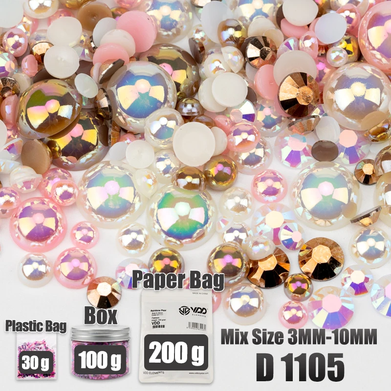 VDD 30/60/100/200g Großhandel Gemischte Größen ABS Halbrunde Perlen Flache Rückseite Perlen Farbige Harz-Strasssteine für Handwerk Nagelkunst DIY Dekoration – Detail 12