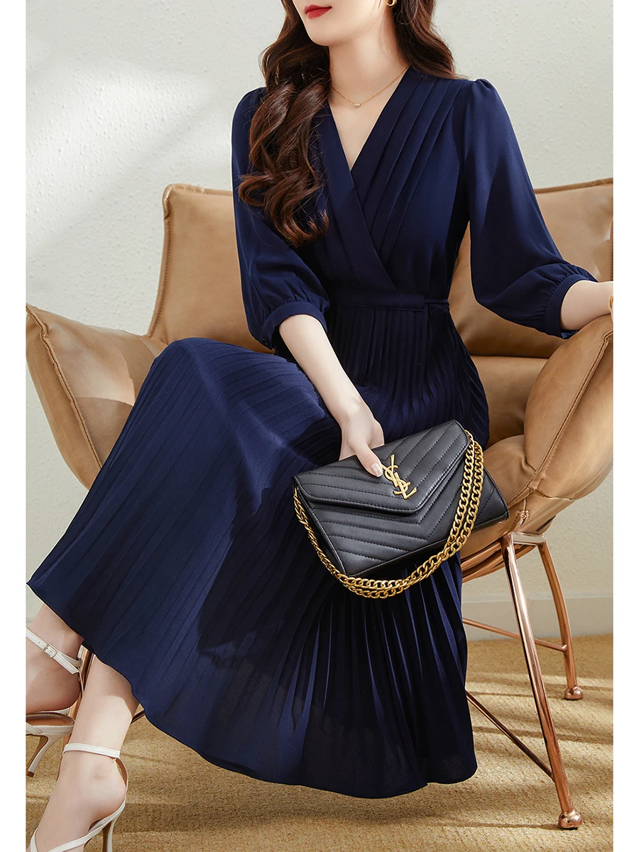 

Элегантное шифоновое платье с V-образным вырезом, плиссировкой и рукавами-колокол для женщин, длинная юбка с высокой талией для банкета, полиэстер