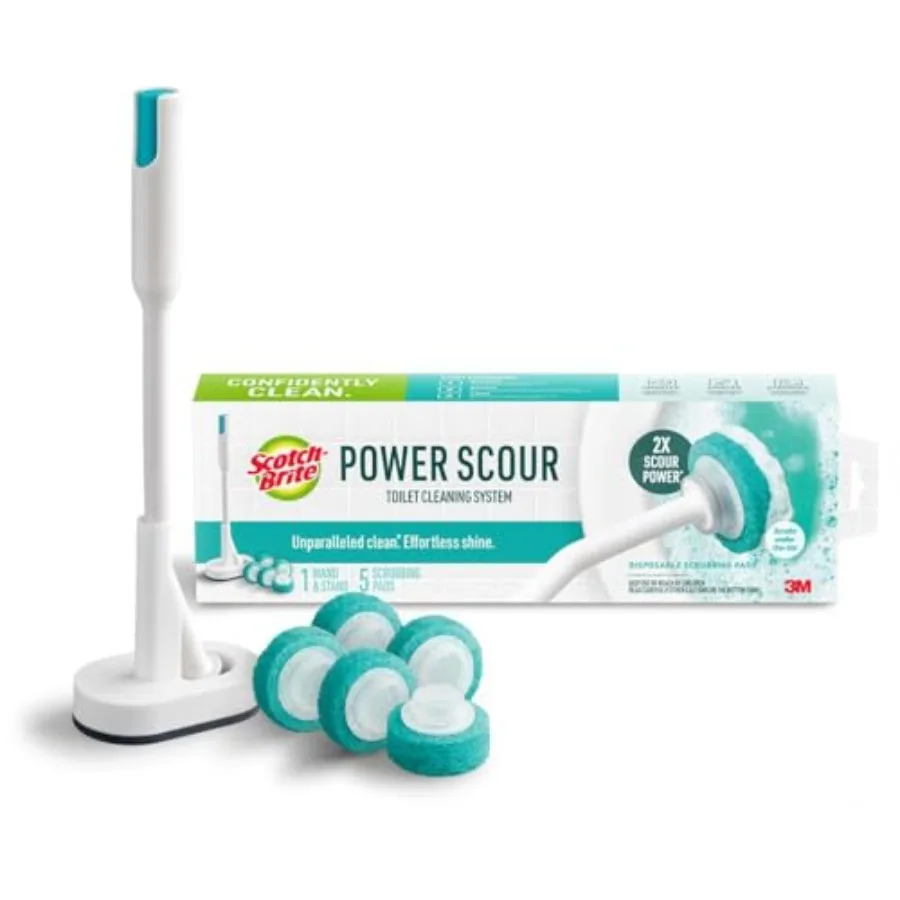 Scotch-Brite Power Scour Toilet Cleaning System, Toilet Bowl Cleaner with Disposable Scrub Pad Tablets, Includes 1 Wand, Stand