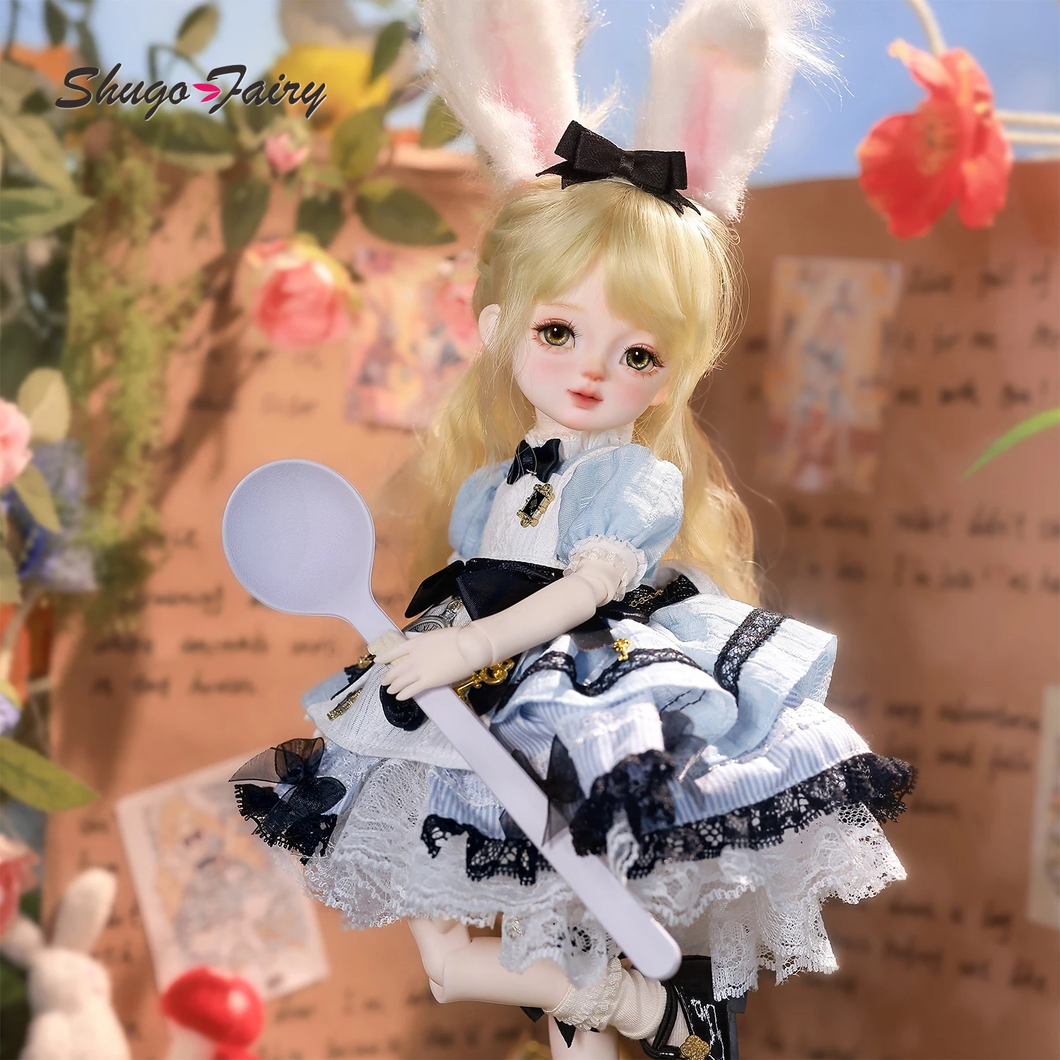 ShugaFairy Yenny E 1/6 BJD - قصص شعر مجعد للأميرة 30 سم مجموعة كاملة من شخصيات الرسوم المتحركة الجنية مع غطاء رأس وأذن أرنب