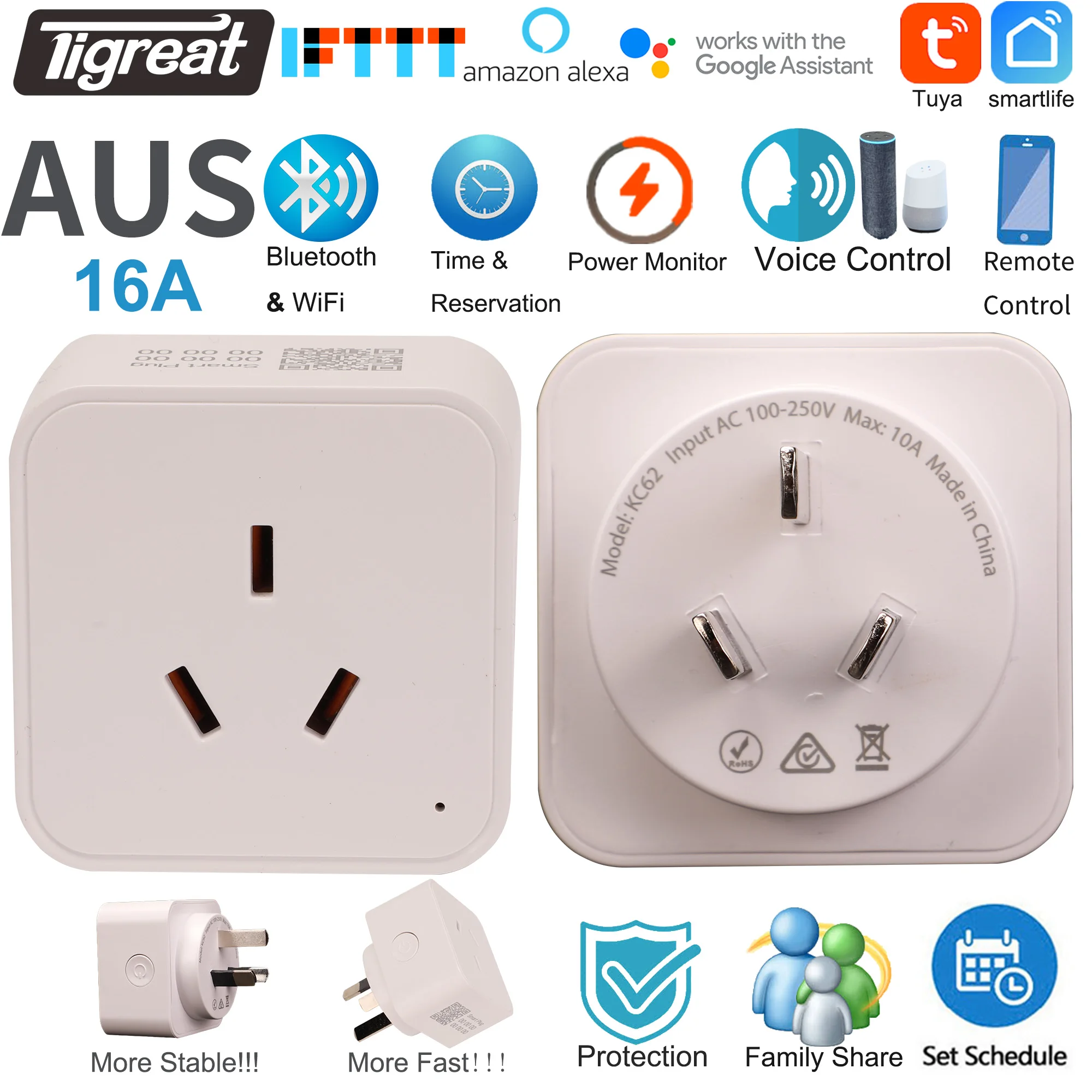 

Умная розетка Tigreat WiFi AUS, 16A-Bluetooth-таймер/голос/дистанционное управление-Tuya/SmartLife/Alexa/Ifttt/Google Розетка для домашней автоматизации
